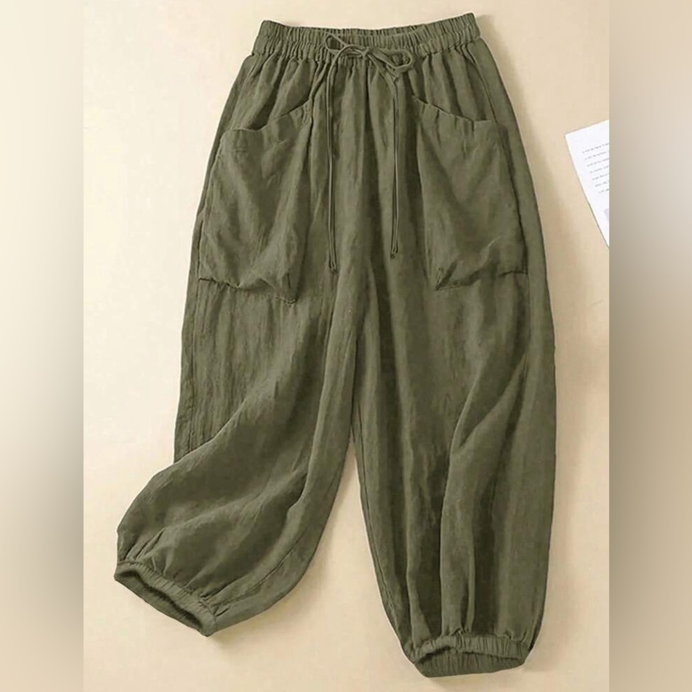 Casual Olive Green Drawstring Pants - Picture 1 of 4